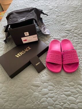 Versace Vibrant Pink Embossed Logo Slide Sandals